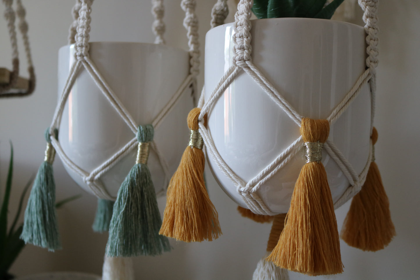 Macramé plant hanger - Natural cord with coloured tassels