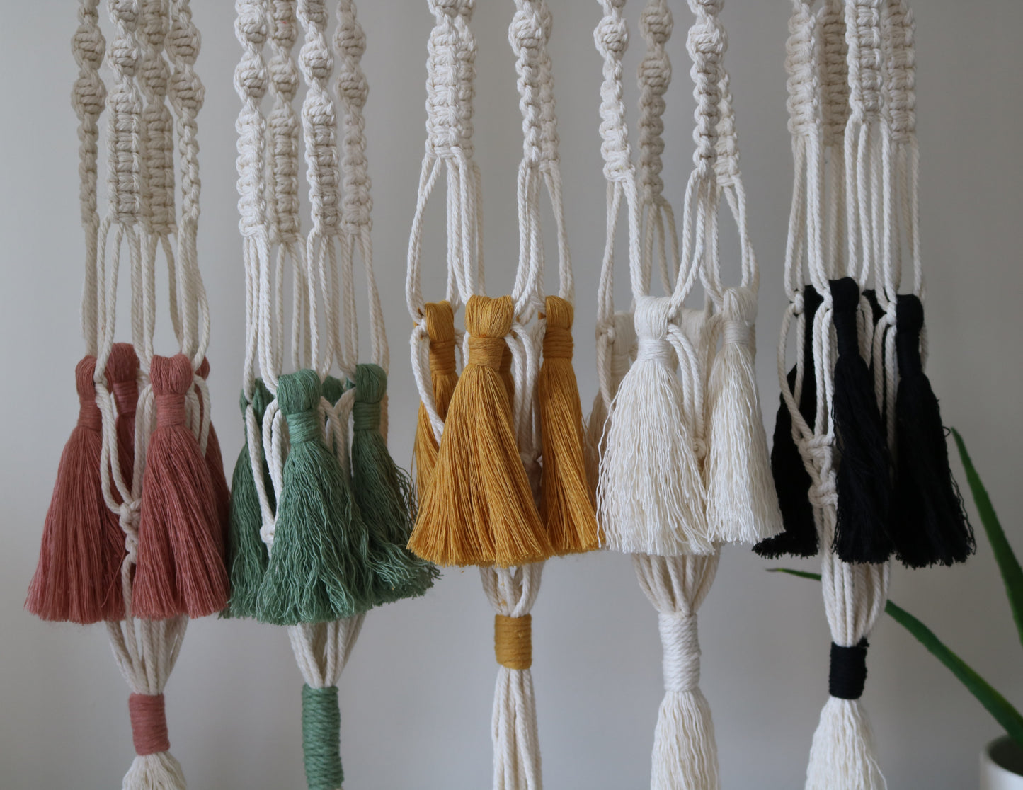 Macramé plant hanger - Natural cord with coloured tassels