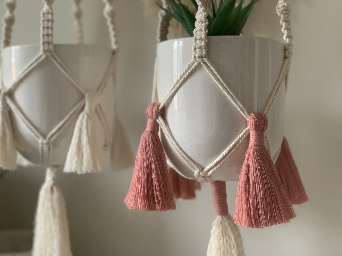 Macramé plant hanger - Natural cord with coloured tassels